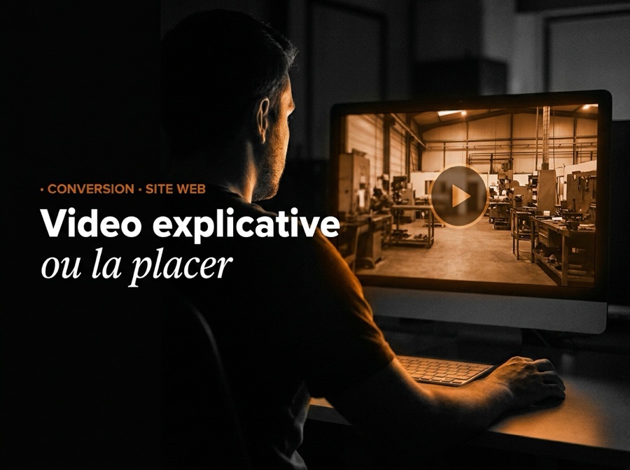 Tournage d'une vidéo explicative : un écran diffuse un atelier industriel dans un bureau sombre